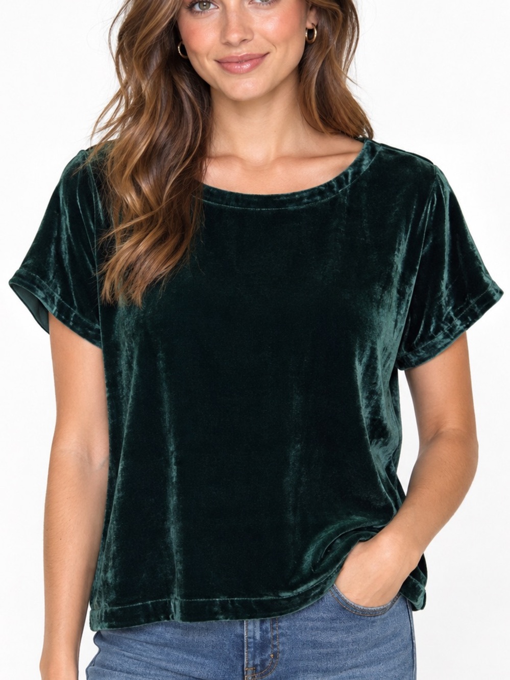 Eileen Fisher silk blend velvet green short sleeve oversized top size S small
